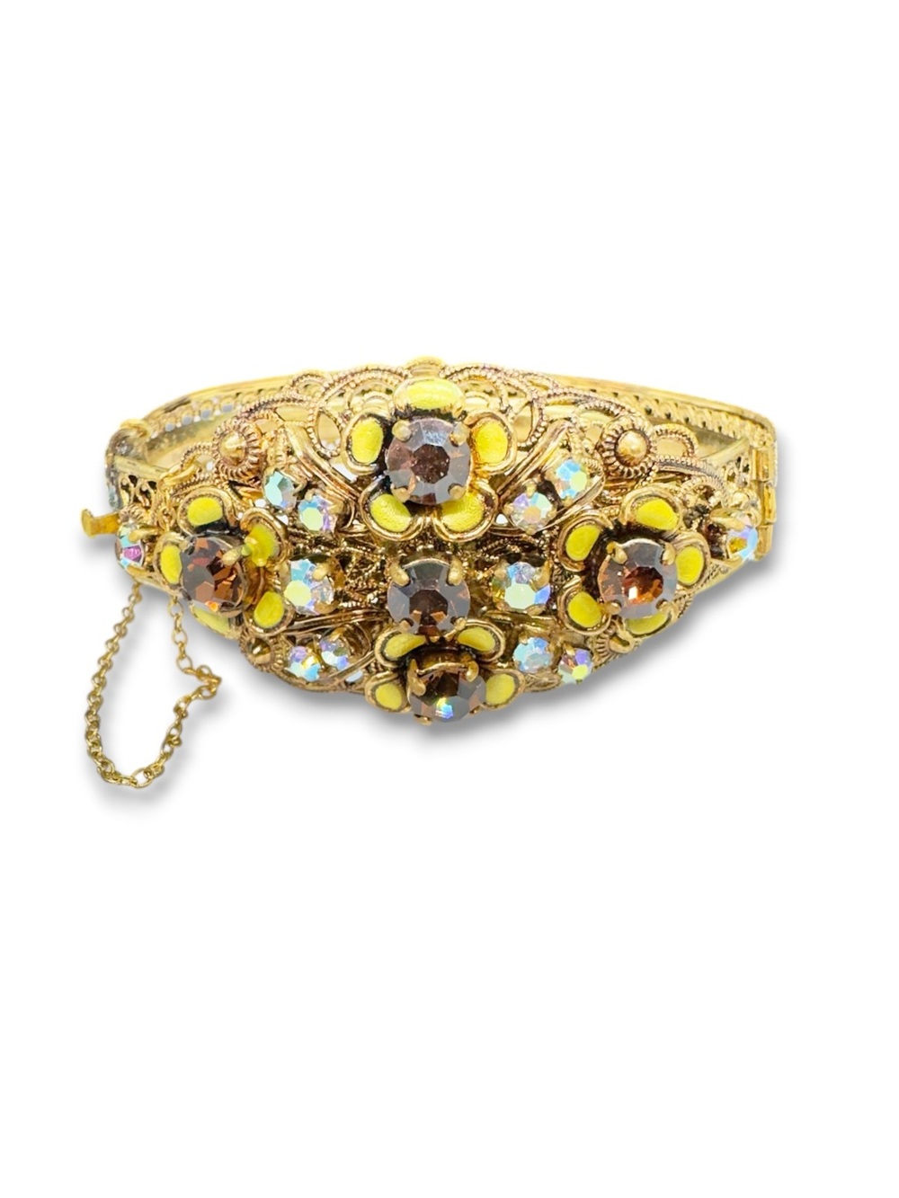 Vintage Germany Topaz Rhinestone & Enamel Floral Filigree Hinged Bracelet